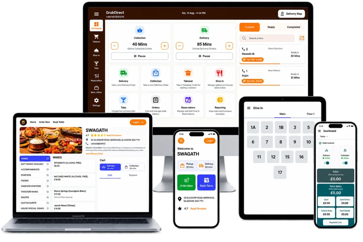 Grub Direct customer apps, web ordering and restaurant management devices